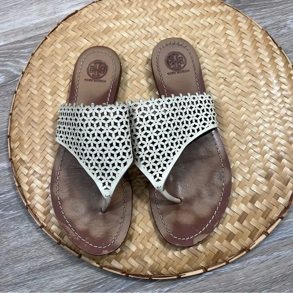 Tory burch roselle flower perforated leather thong‎ sandal